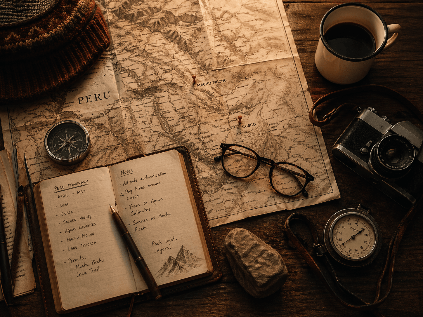 Preparação de roteiro Adventure Weekend: mapa do Peru, caderno de notas e elementos de expedição sobre a mesa.