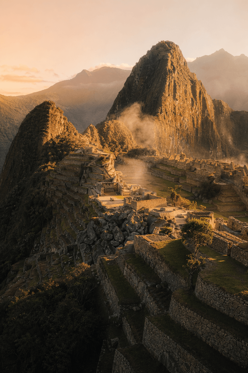 Machu Picchu ao amanhecer, visto da Casa do Guardião, com névoa baixa entre as ruínas.