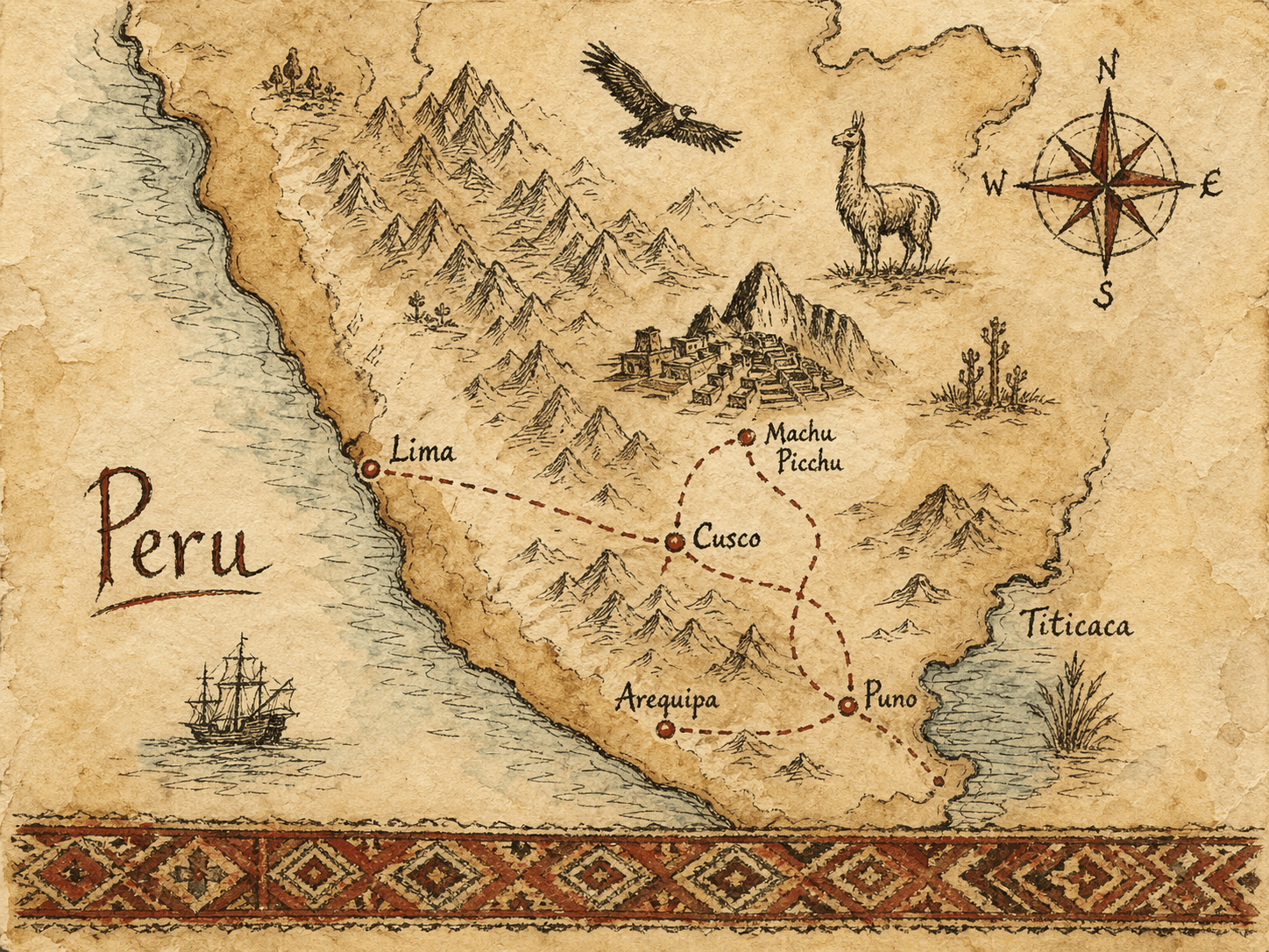 Mapa do Peru desenhado à mão, com pontos marcados nas cidades e linhas conectando o roteiro.