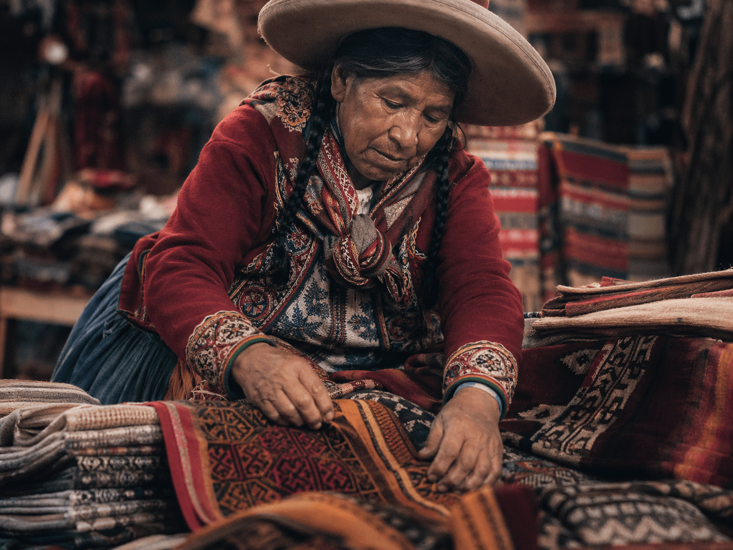 Mulher cusquenha em traje tradicional vendendo tecidos no mercado local em Cusco.