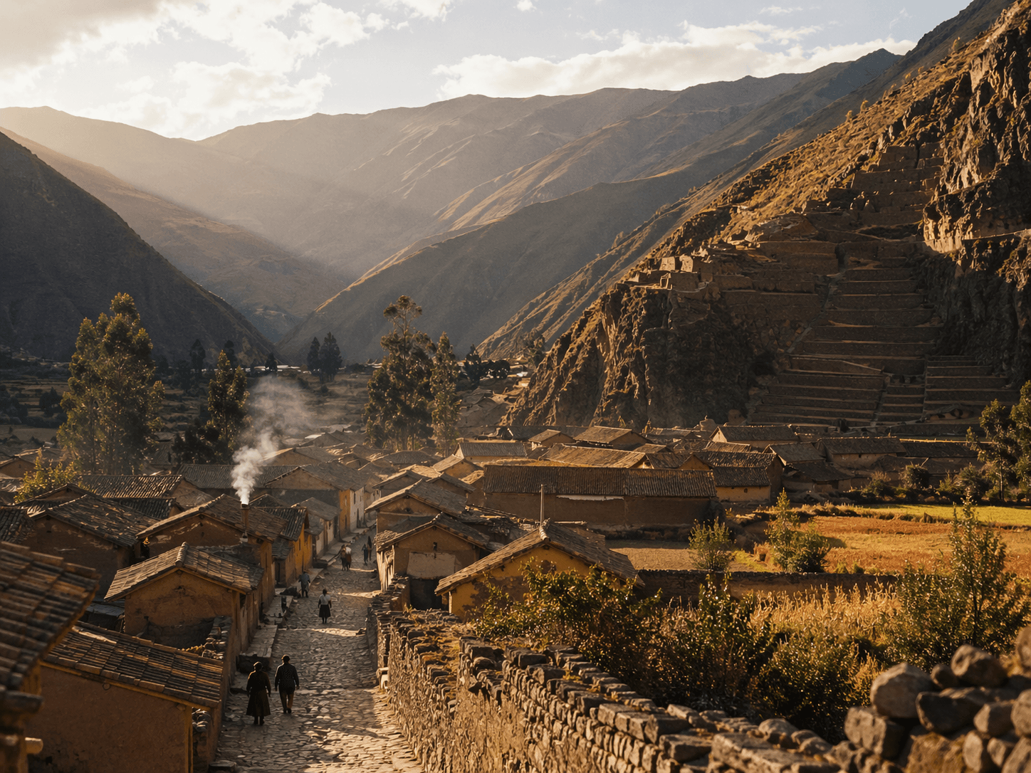 Vale de Ollantaytambo ao fim do dia, com montanhas em camadas sob luz dourada.